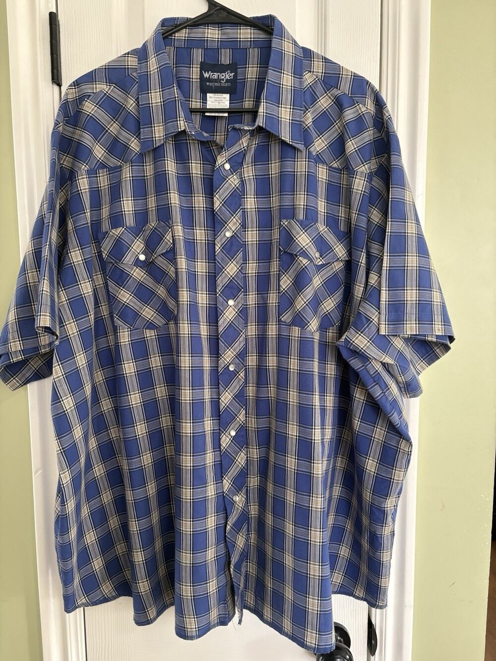 Wrangler 4X Big & Tall Blue Plaid Western Short Sleeve Pearl Snap Button-Up